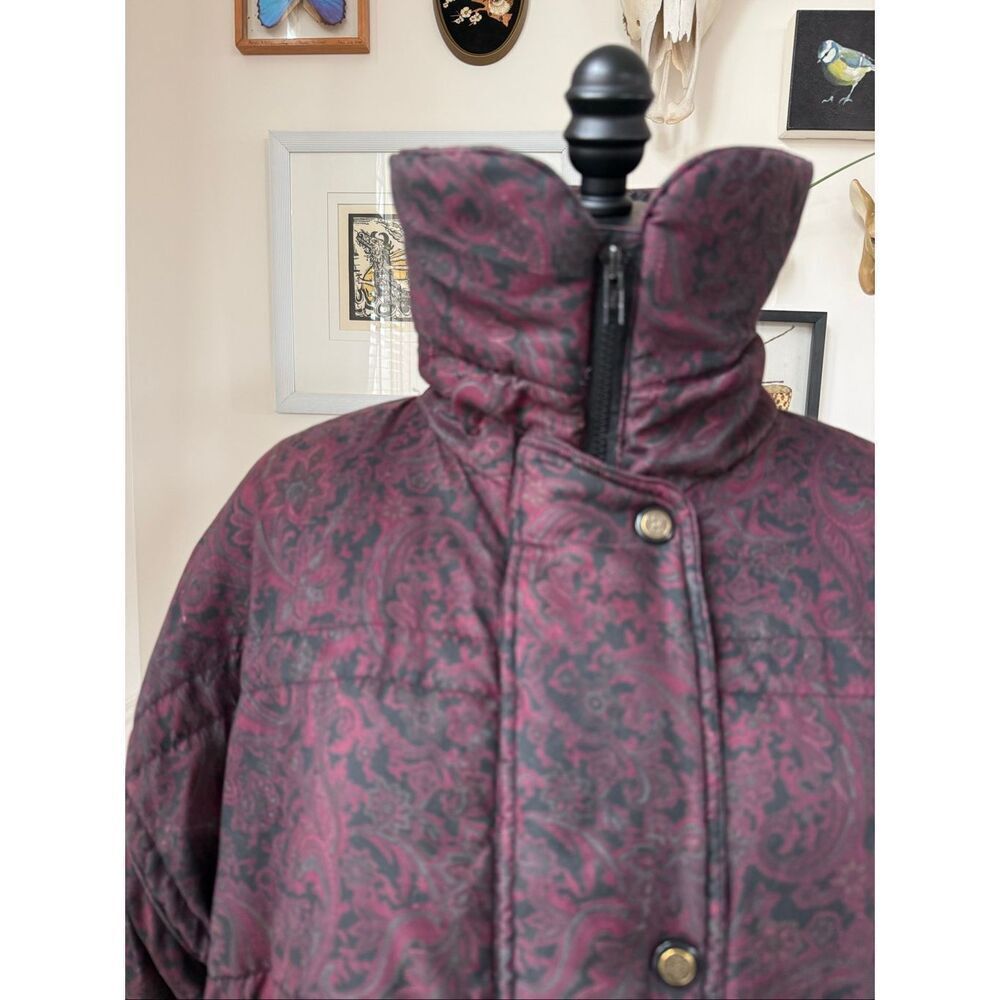Vintage 90s London Fog Lined Puffer Burgundy Purple Paisley Coat L